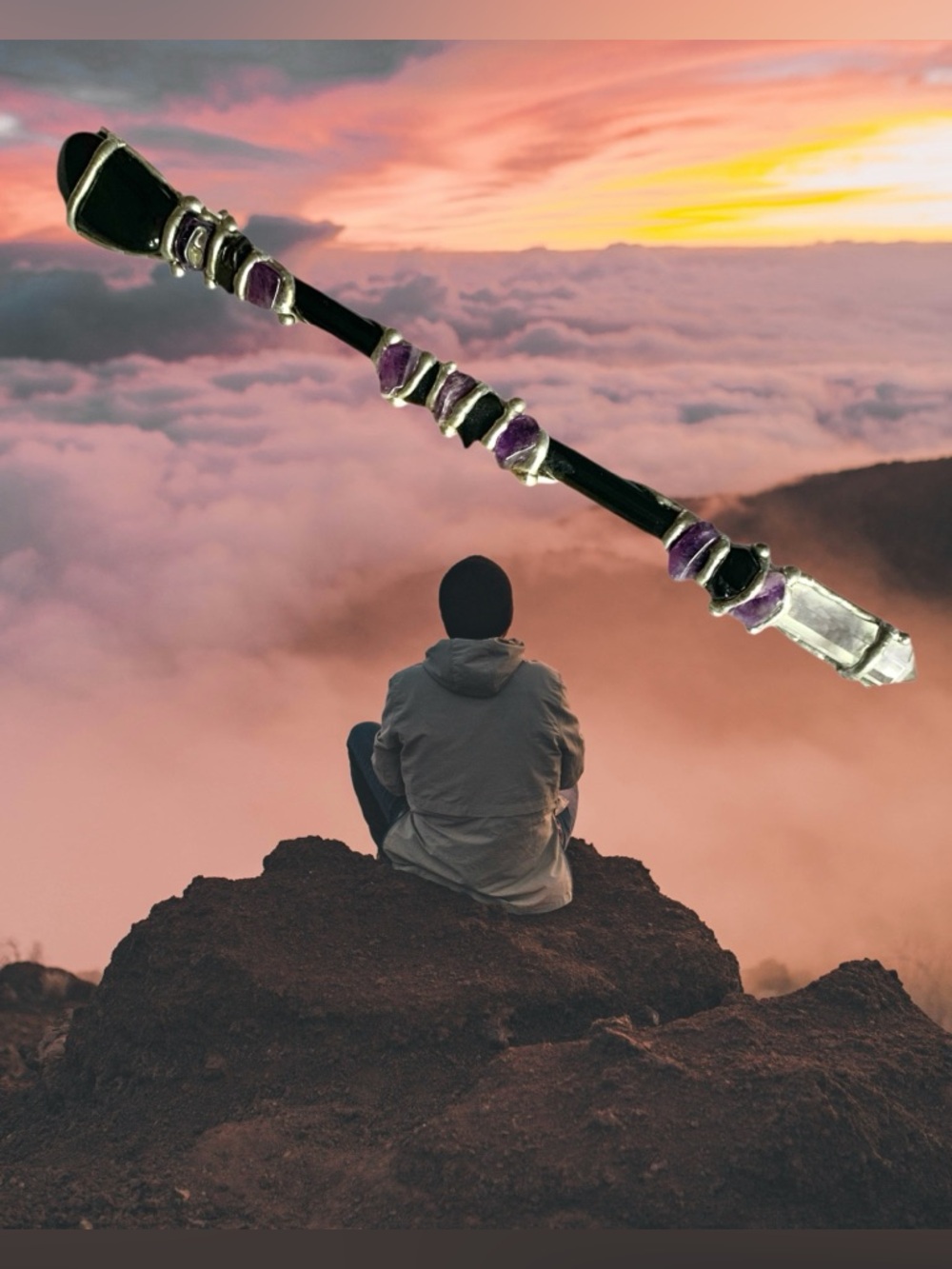 Protection Shield Wand Amethyst Black Tourmaline Black Obsidian Clear Quartz 6”